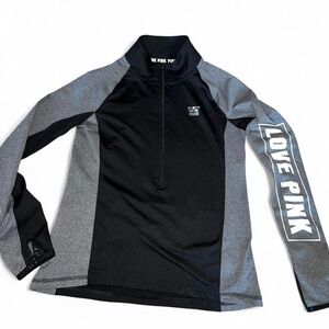 PINK by‎ Victoria Secret Quarter Zip Pullover Gray Black Thumb Hole Athleisure